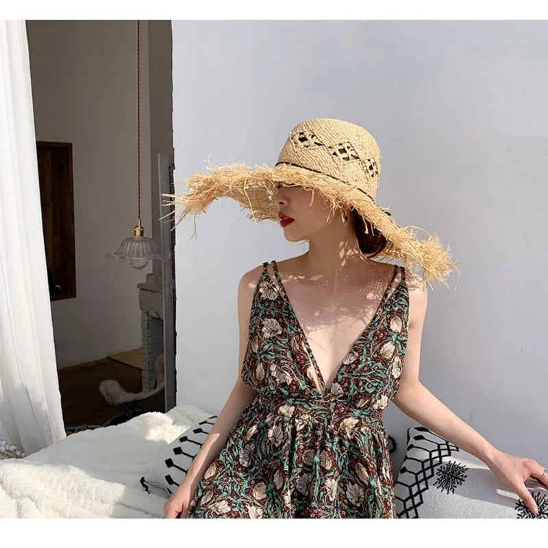 Women Summer Natural Raffia Straw Hat Girl Fashion Ribbon Floppy Shading Panama Wide Brim Sun Hats Gilrs Holiday Beach Hat