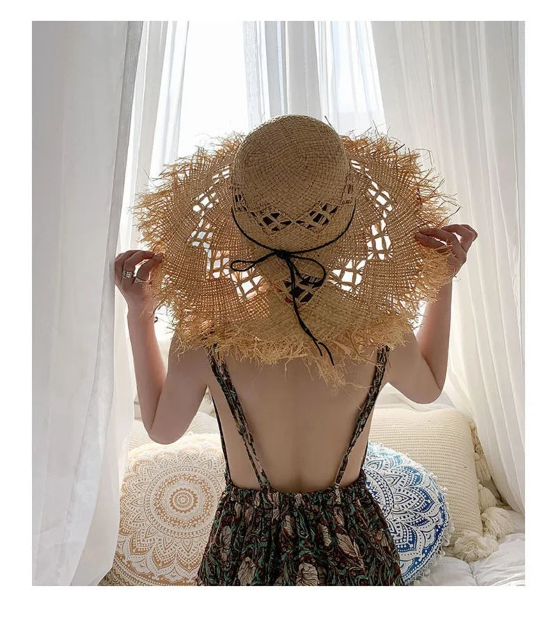 Women Summer Natural Raffia Straw Hat Girl Fashion Ribbon Floppy Shading Panama Wide Brim Sun Hats Gilrs Holiday Beach Hat