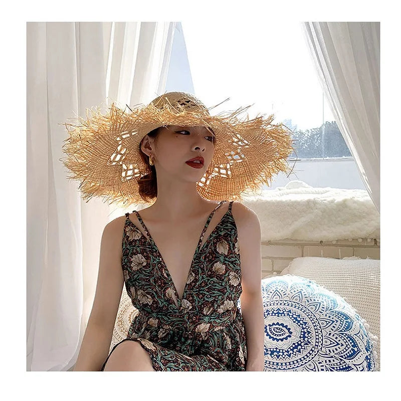 Women Summer Natural Raffia Straw Hat Girl Fashion Ribbon Floppy Shading Panama Wide Brim Sun Hats Gilrs Holiday Beach Hat
