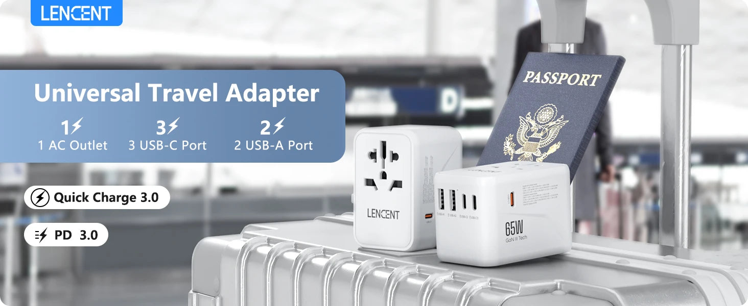 LENCENT 65W/100W GaN Universal Travel Adapter – Fast Charging EU/UK/US/AU Plug with 2 USB & 3 Type-C Ports