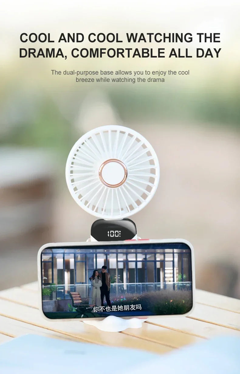 5000mAh Portable Mini Fan – Wireless USB Rechargeable, 5-Speed Foldable Neck Hanging Fan with Digital Display & Phone Holder