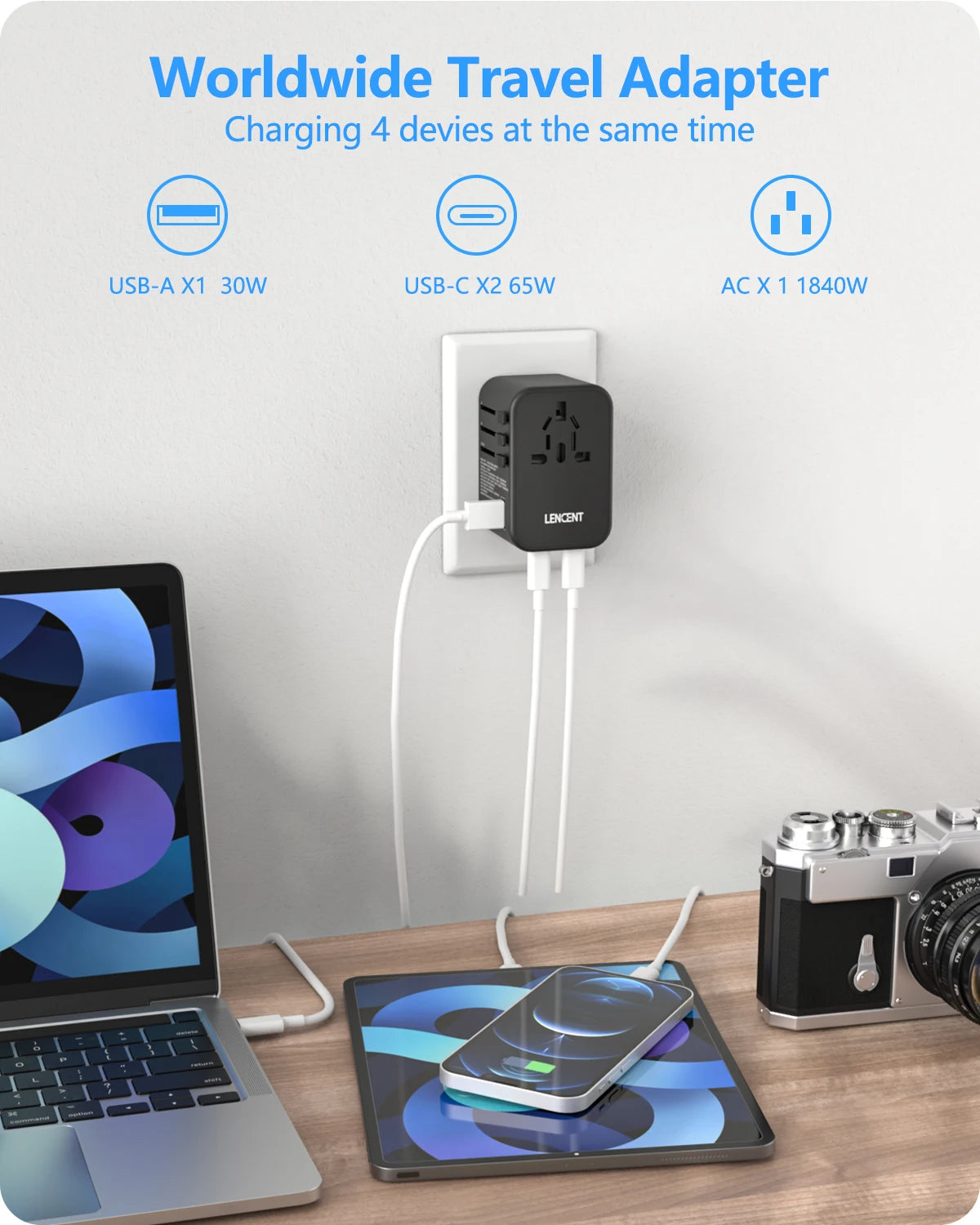LENCENT 65W/100W GaN Universal Travel Adapter – Fast Charging EU/UK/US/AU Plug with 2 USB & 3 Type-C Ports