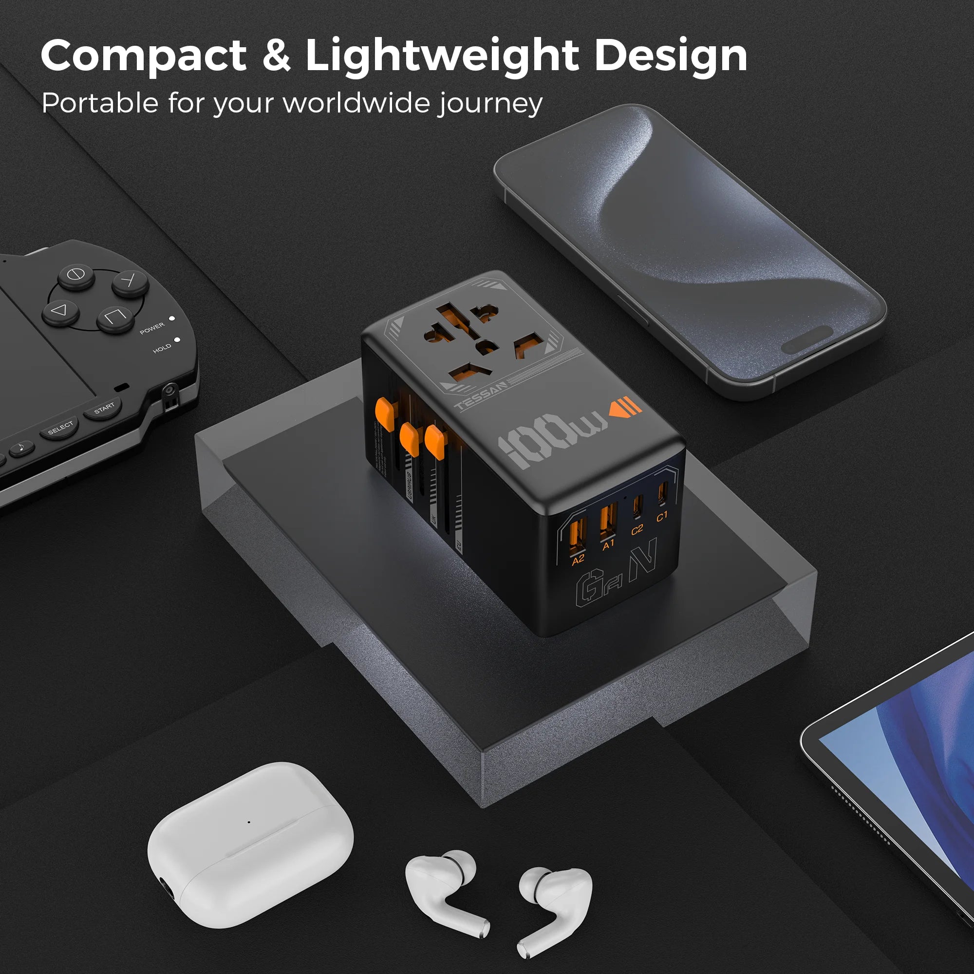 TESSAN 100W GaN Universal Travel Adapter – Fast Charging USB & Type-C Power Adapter for EU/UK/US/AU!