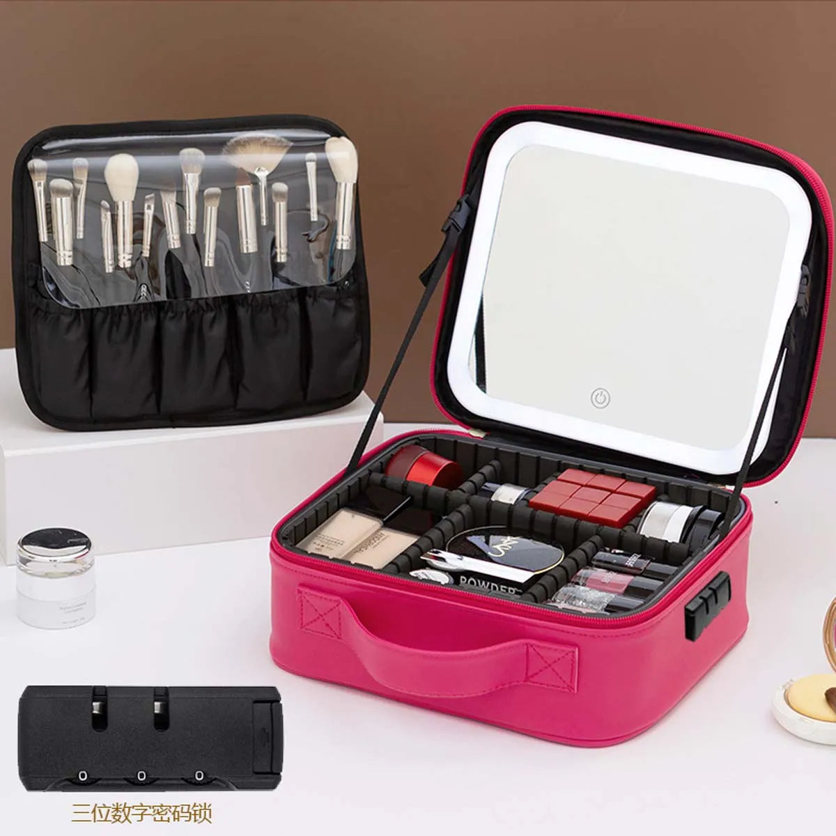LED Travel Makeup Bag with Mirror – Large-Capacity Portable Storage Case with Combination Lock