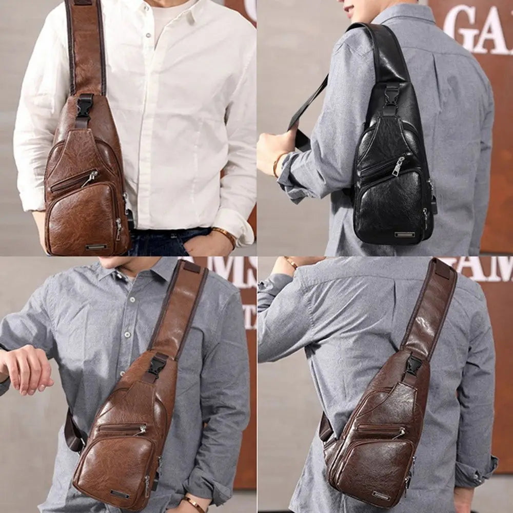 USB Data Cable Charging Chest Bag – Casual Fashion Shoulder Bag, PU Outdoor Sports Men’s Backpack