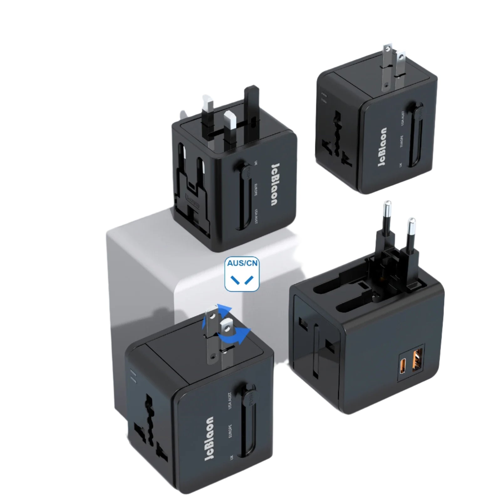 Universal Travel Adapter – Global Plug Converter with USB-A & Type-C for UK, US, EU, AU