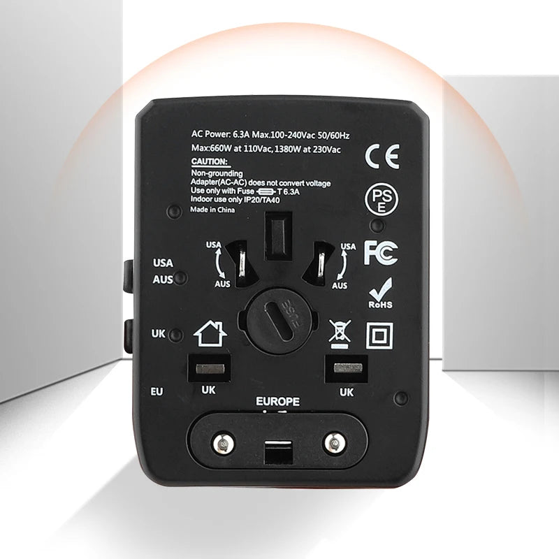 65W Universal Travel Adapter – All-in-One Charger with 3 USB & 1 Type-C for US, EU, UK, & AU