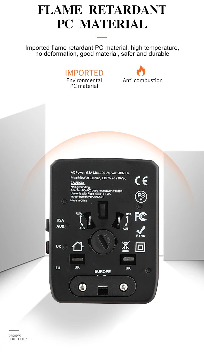65W Universal Travel Adapter – All-in-One Charger with 3 USB & 1 Type-C for US, EU, UK, & AU
