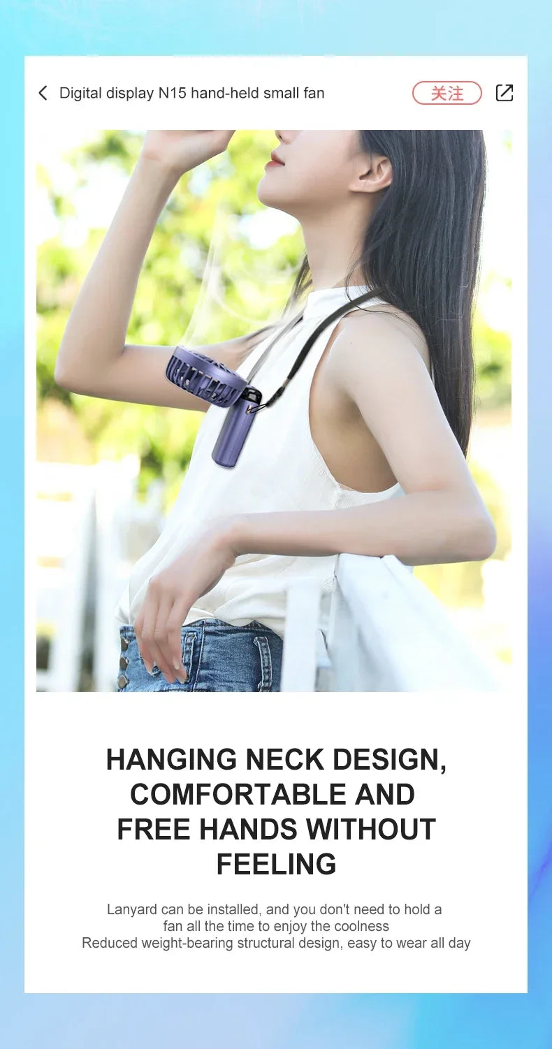 5000mAh Portable Mini Fan – Wireless USB Rechargeable, 5-Speed Foldable Neck Hanging Fan with Digital Display & Phone Holder
