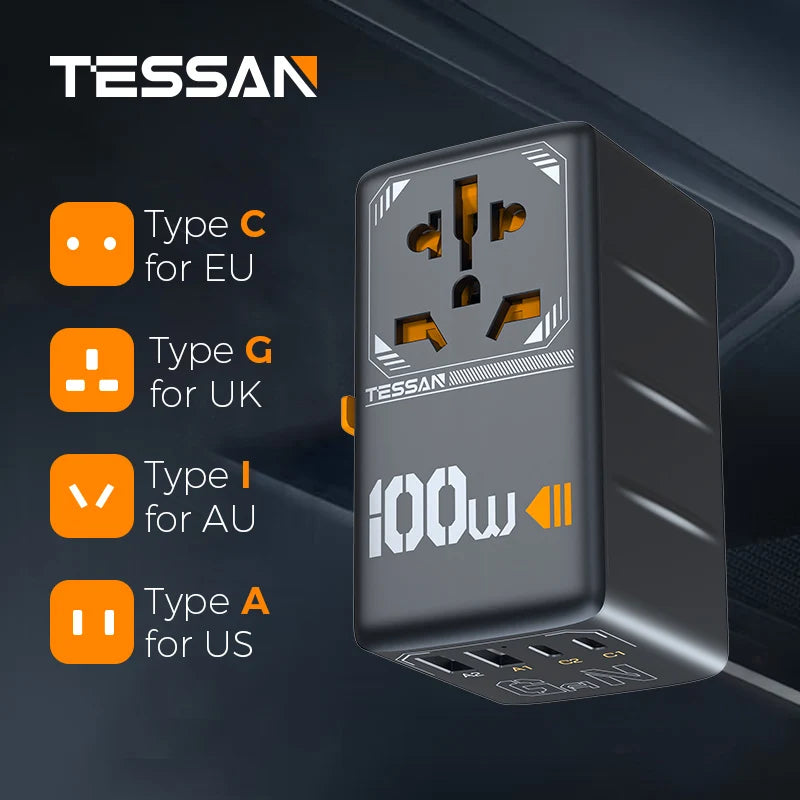 TESSAN 100W GaN Universal Travel Adapter – Fast Charging USB & Type-C Power Adapter for EU/UK/US/AU!