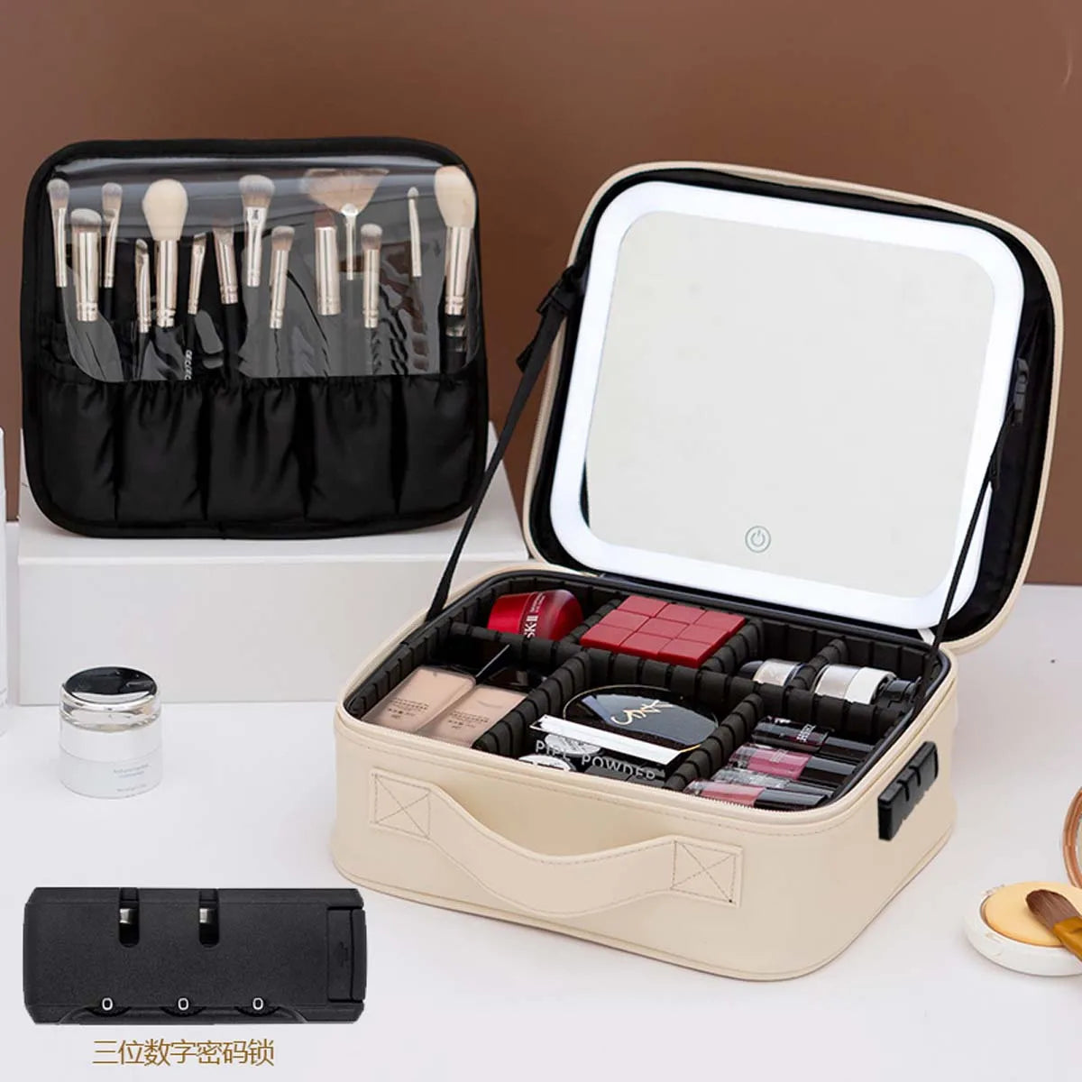 LED Travel Makeup Bag with Mirror – Large-Capacity Portable Storage Case with Combination Lock
