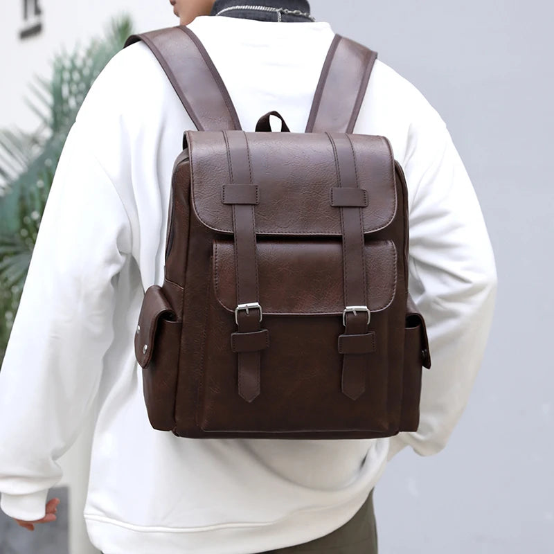 2025 Men’s PU Leather Backpack – Large Laptop Bag, Mochilas for Teenagers Boys, Black & Brown Schoolbag