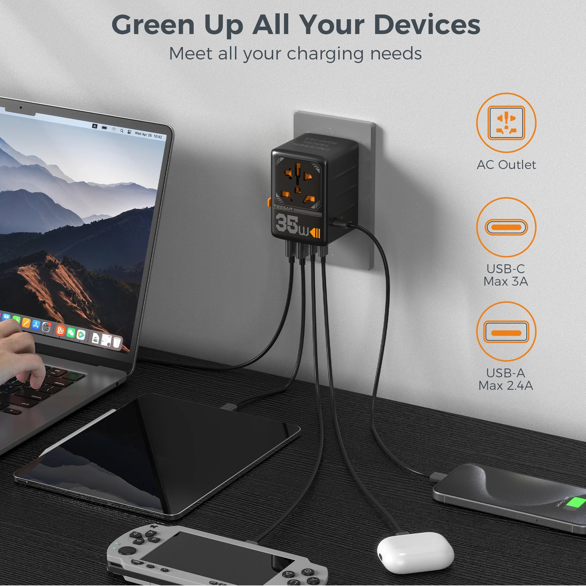 TESSAN 100W GaN Universal Travel Adapter – Fast Charging USB & Type-C Power Adapter for EU/UK/US/AU!