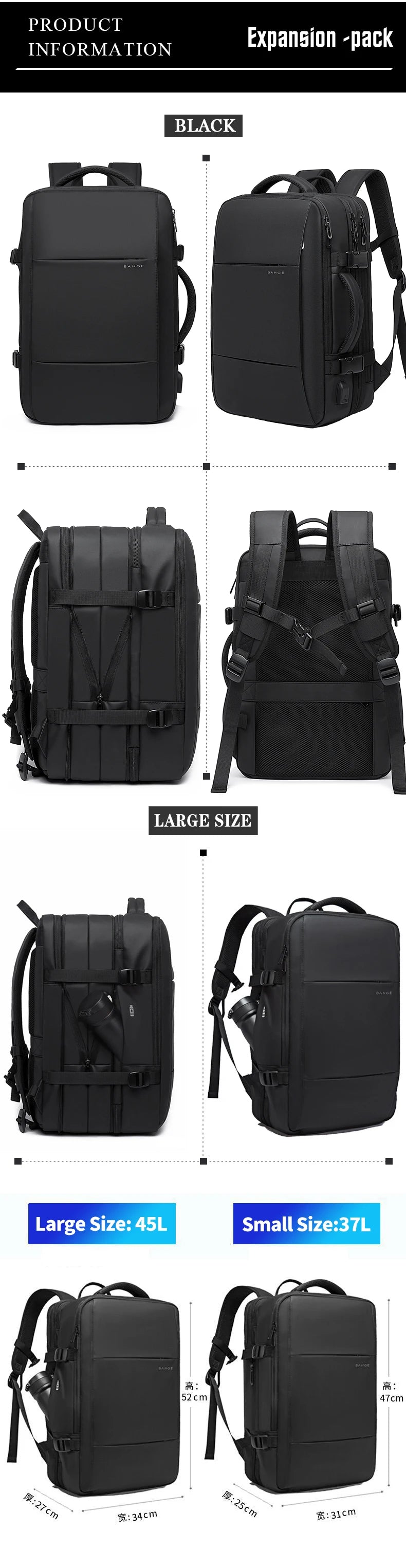 BANGE Expandable Men's Backpack – Waterproof 17.3-inch Laptop Backpack, Large Capacity Hiking Travel Bag for Men