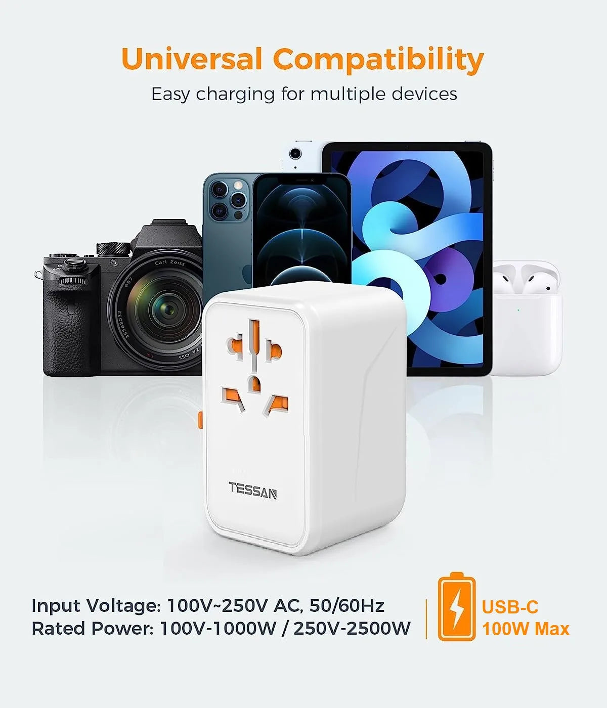 TESSAN 100W GaN Universal Travel Adapter – Fast Charging USB & Type-C Power Adapter for EU/UK/US/AU!