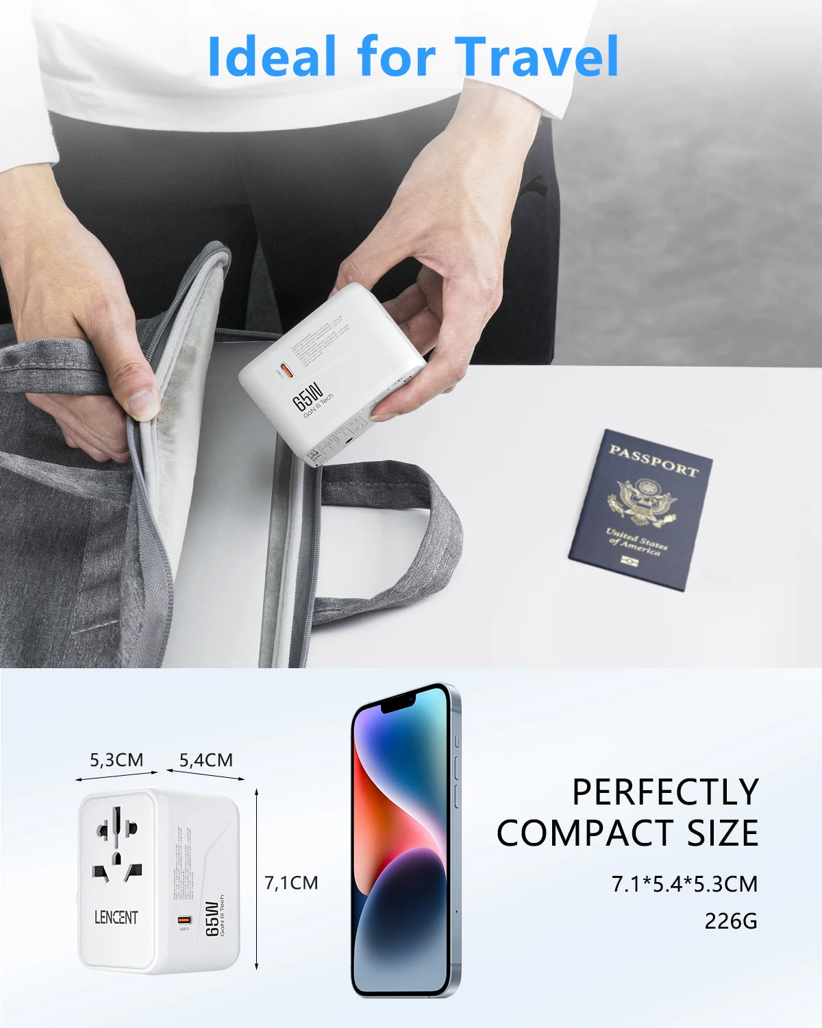 LENCENT 65W/100W GaN Universal Travel Adapter – Fast Charging EU/UK/US/AU Plug with 2 USB & 3 Type-C Ports