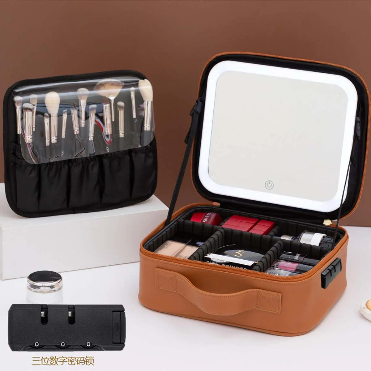 LED Travel Makeup Bag with Mirror – Large-Capacity Portable Storage Case with Combination Lock