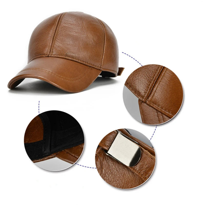 2025 Adjustable Men's Genuine Cowhide Leather Baseball Cap for Fall Winter Outdoor Sports Hat Men Real Cowhide Leather Caps
