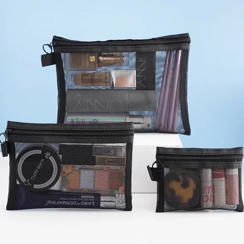 1/3pcs Mesh Clear Cosmetic Bags – Small & Large Black Makeup Bag, Portable Travel Toiletry Organizer, Lipstick Storage Pouch