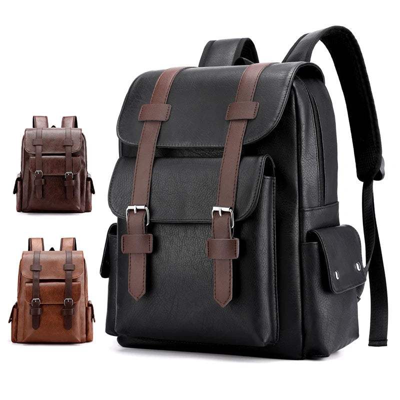 2025 Men’s PU Leather Backpack – Large Laptop Bag, Mochilas for Teenagers Boys, Black & Brown Schoolbag