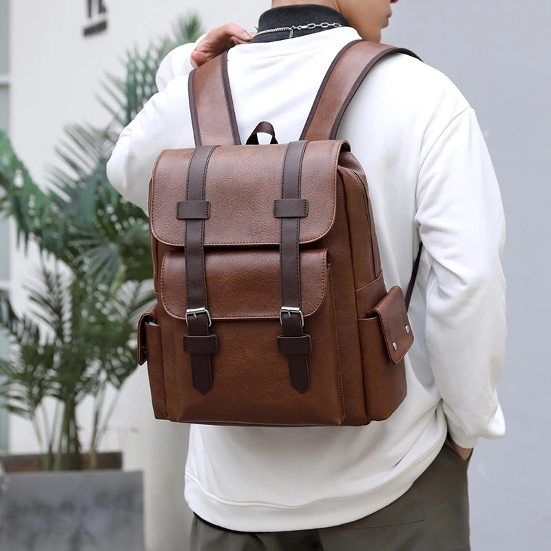 2025 Men’s PU Leather Backpack – Large Laptop Bag, Mochilas for Teenagers Boys, Black & Brown Schoolbag