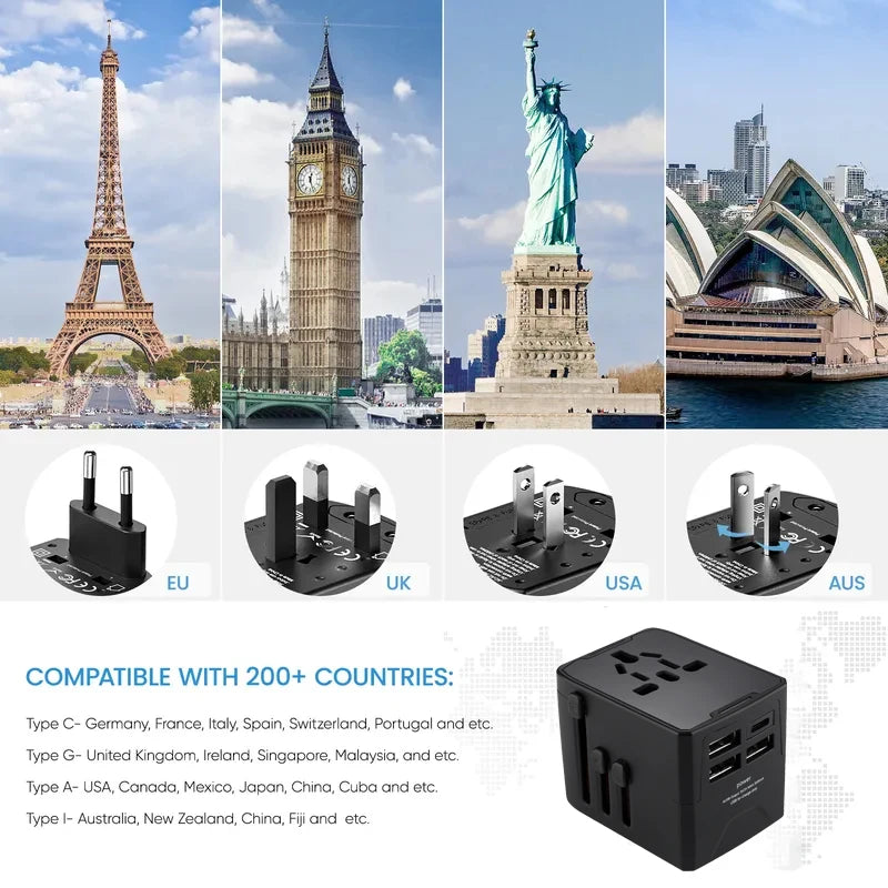 65W Universal Travel Adapter – All-in-One Charger with 3 USB & 1 Type-C for US, EU, UK, & AU