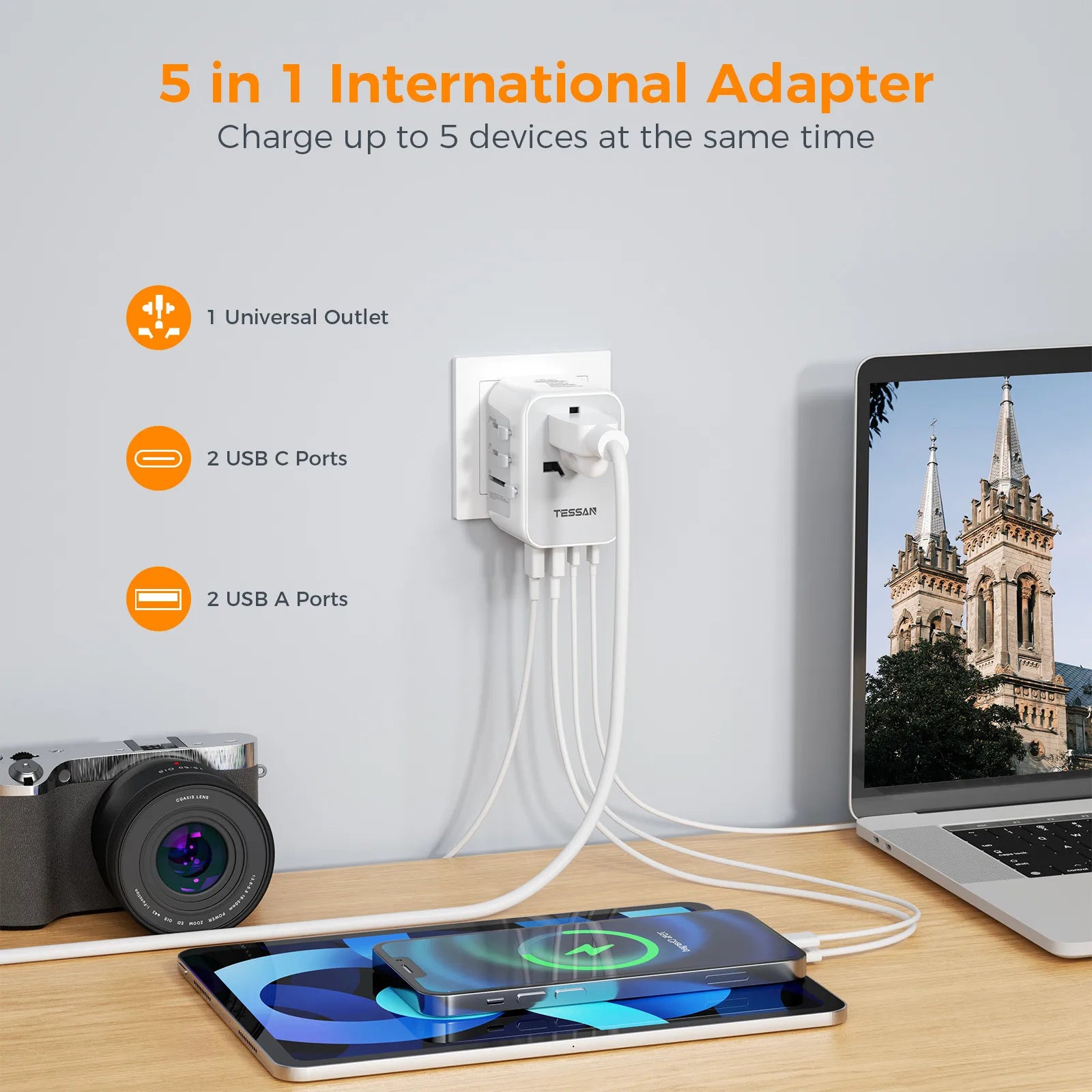 TESSAN 100W GaN Universal Travel Adapter – Fast Charging USB & Type-C Power Adapter for EU/UK/US/AU!