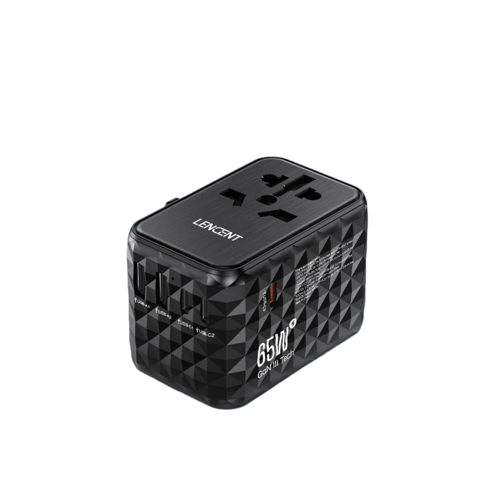 LENCENT 65W GaN Universal Travel Adapter – 2 USB & 3 Type-C Fast Charging All-in-One Charger for EU/UK/USA/AUS Travel