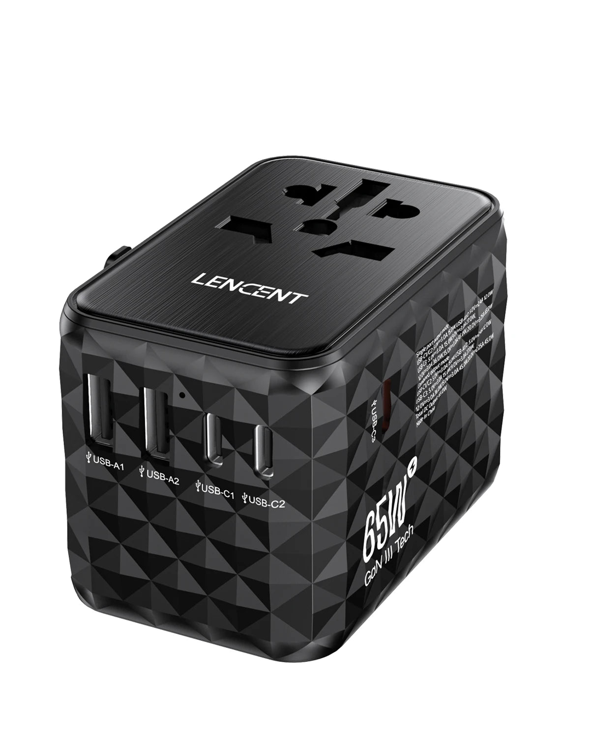LENCENT 65W GaN Universal Travel Adapter – 2 USB & 3 Type-C Fast Charging All-in-One Charger for EU/UK/USA/AUS Travel
