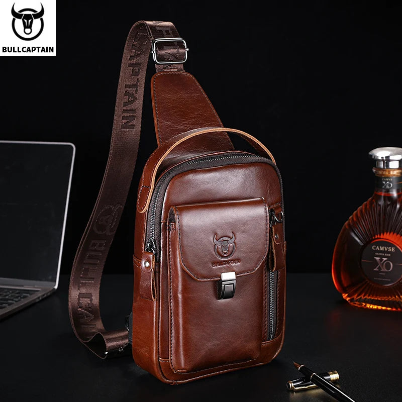 BULLCAPTAIN Men's Genuine Leather Chest Bag – Retro Anti-Theft Crossbody Bag for 7.9" Devices