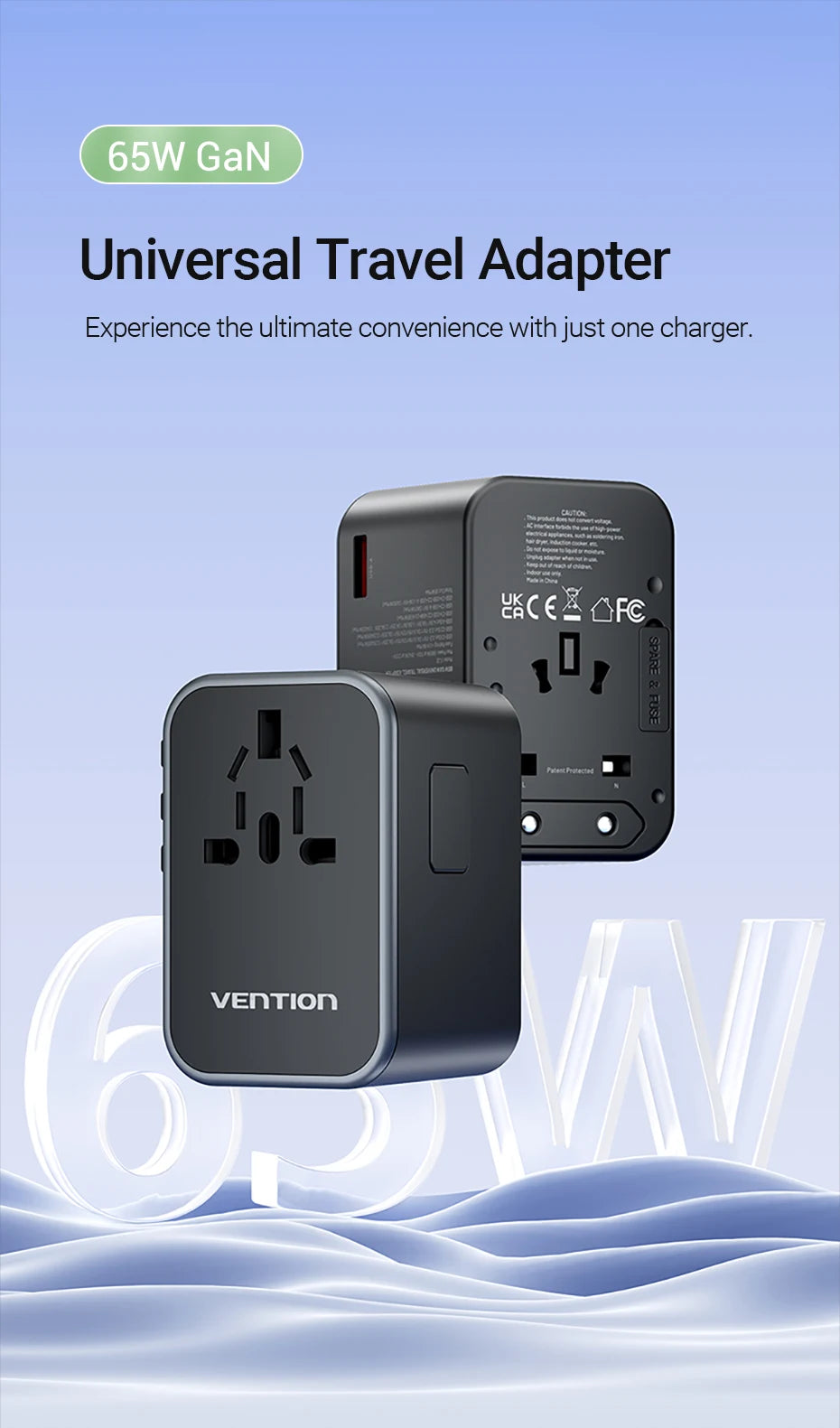 Vention 65W PD Universal Travel Adapter – All-in-One Worldwide Wall Charger with AC Power Plug for USA, EU, UK, AUS