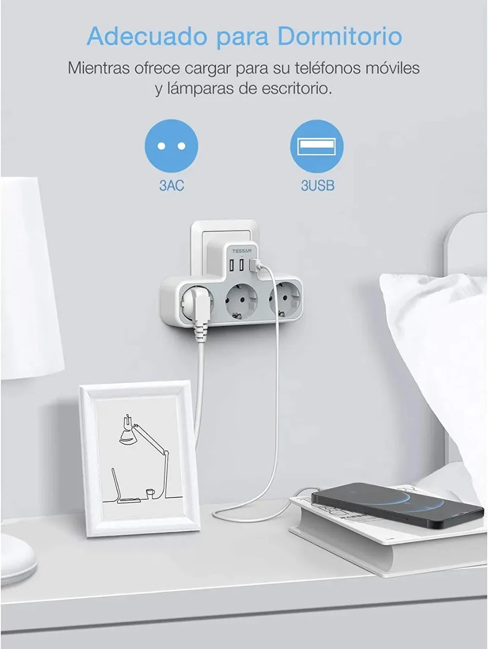TESSAN 6-in-1 Socket Adapter – 3-Way Outlet with USB & Surge Protection for Travel, Smartphones & Laptops!