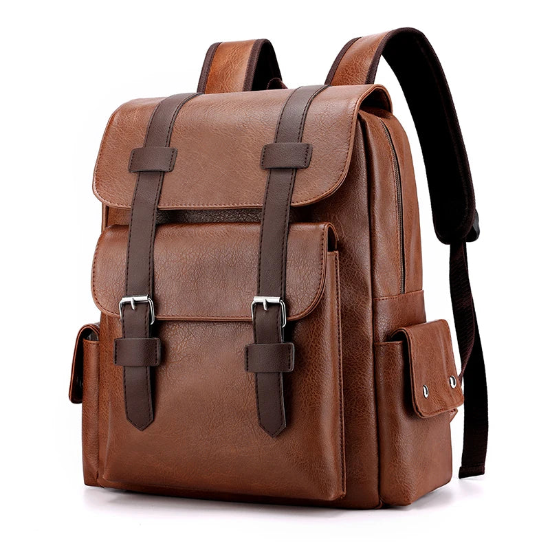2025 Men’s PU Leather Backpack – Large Laptop Bag, Mochilas for Teenagers Boys, Black & Brown Schoolbag