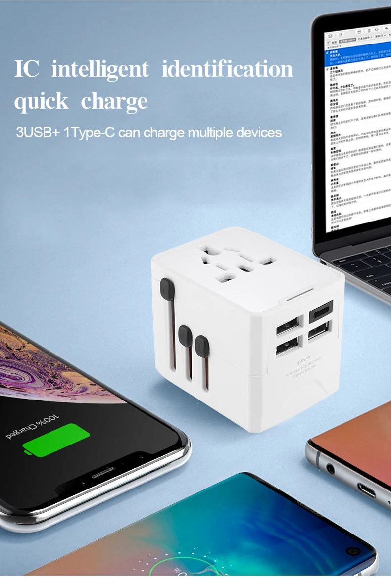 65W Universal Travel Adapter – All-in-One Charger with 3 USB & 1 Type-C for US, EU, UK, & AU