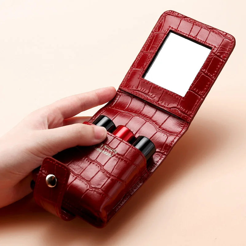 Mini Lipstick Cosmetic Bag with Mirror – Crocodile Pattern PU Travel Makeup Pouch & Organizer