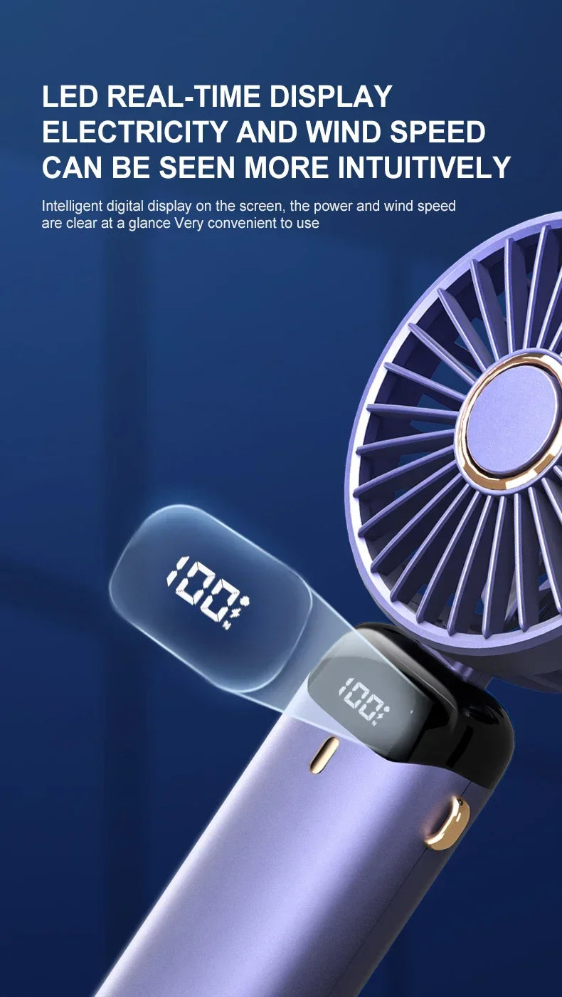 5000mAh Portable Mini Fan – Wireless USB Rechargeable, 5-Speed Foldable Neck Hanging Fan with Digital Display & Phone Holder