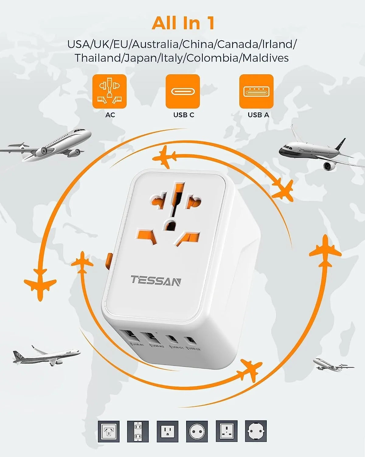 TESSAN 100W GaN Universal Travel Adapter – Fast Charging USB & Type-C Power Adapter for EU/UK/US/AU!