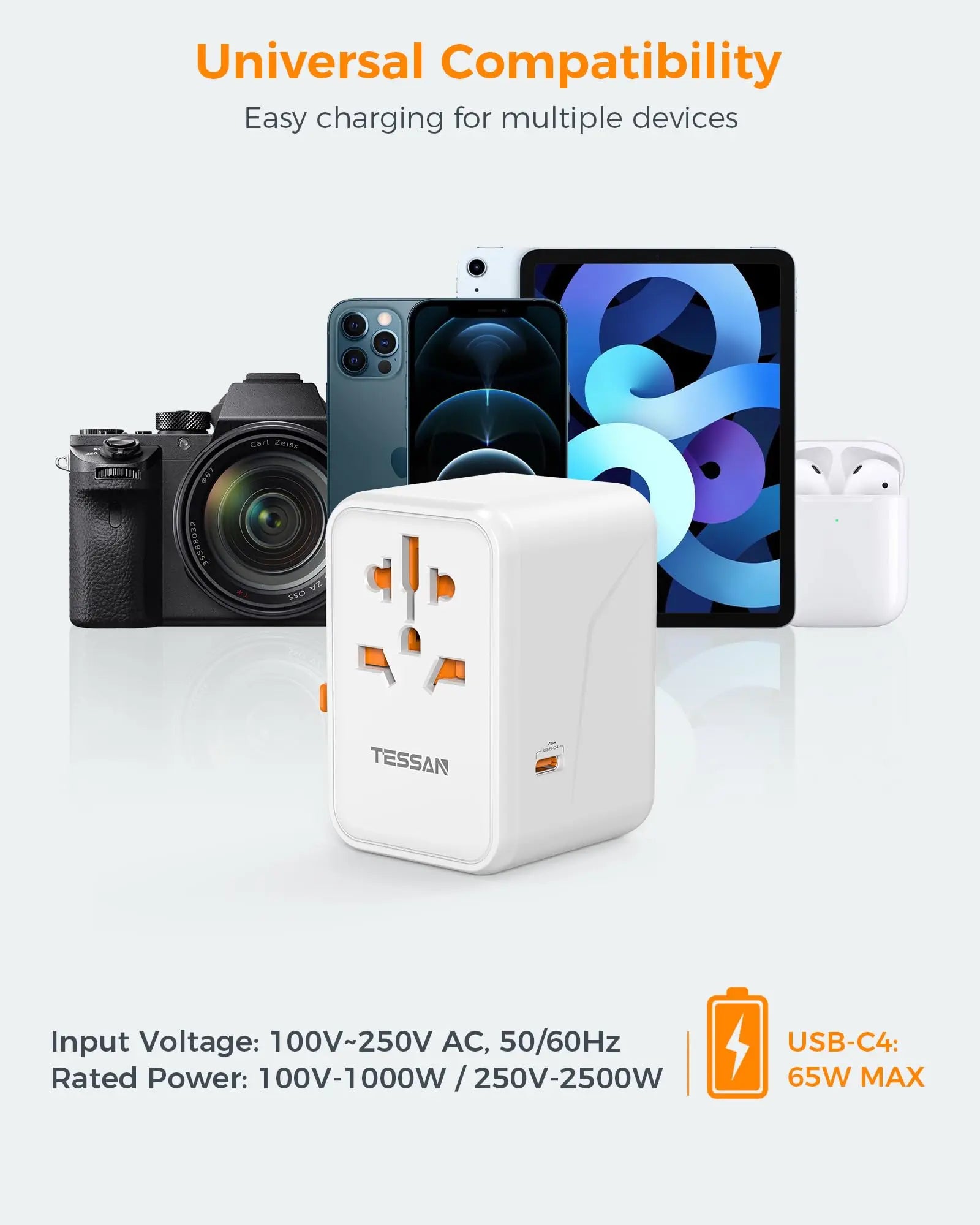 TESSAN 100W GaN Universal Travel Adapter – Fast Charging USB & Type-C Power Adapter for EU/UK/US/AU!