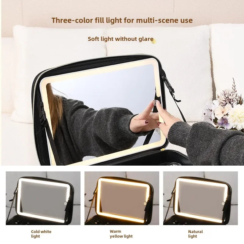 2025 Premium LED Cosmetic Bag – Large-Capacity Portable Makeup Storage Box with Mirror