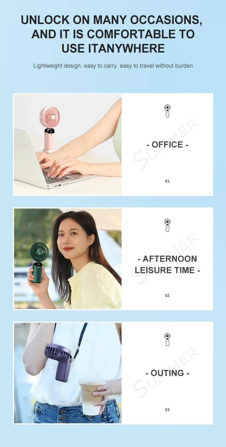 5000mAh Portable Mini Fan – Wireless USB Rechargeable, 5-Speed Foldable Neck Hanging Fan with Digital Display & Phone Holder