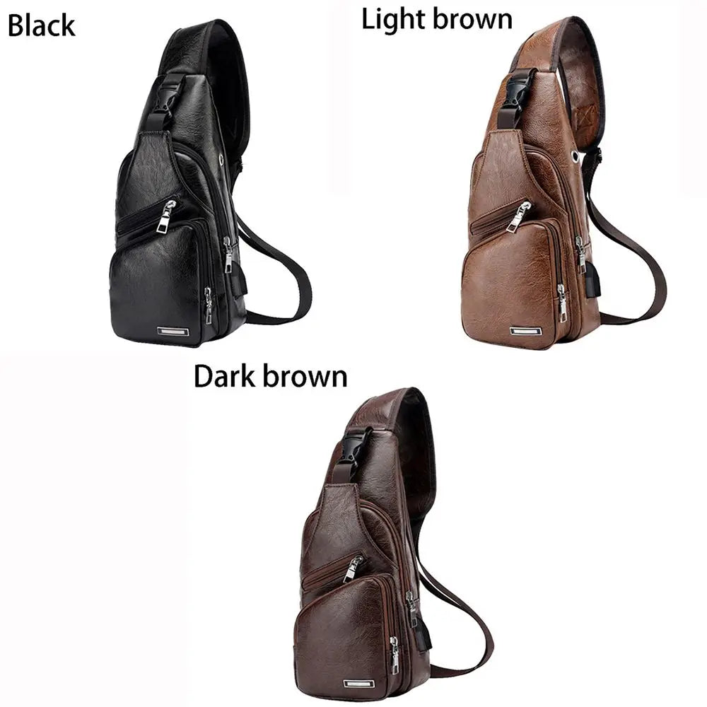 USB Data Cable Charging Chest Bag – Casual Fashion Shoulder Bag, PU Outdoor Sports Men’s Backpack