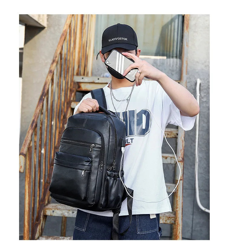 High-Quality USB Charging Backpack for Men – PU Leather Laptop Backpack, Large Schoolbag for Teenagers and Boys