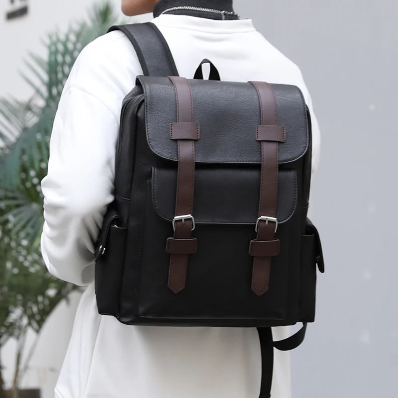 2025 Men’s PU Leather Backpack – Large Laptop Bag, Mochilas for Teenagers Boys, Black & Brown Schoolbag