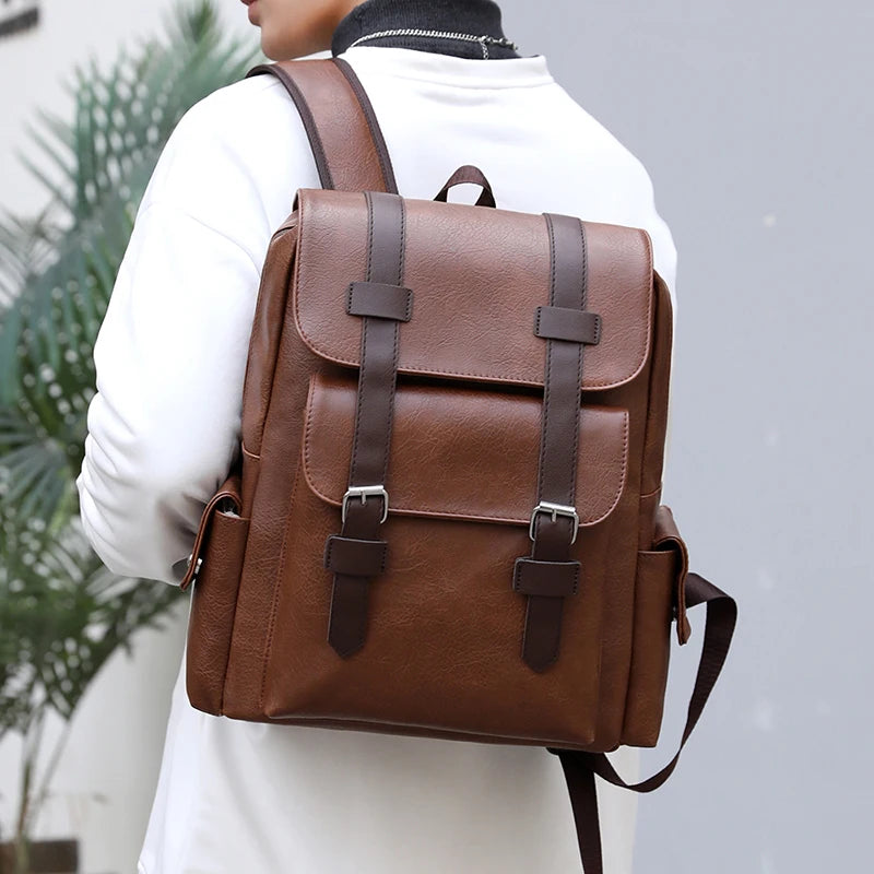 2025 Men’s PU Leather Backpack – Large Laptop Bag, Mochilas for Teenagers Boys, Black & Brown Schoolbag