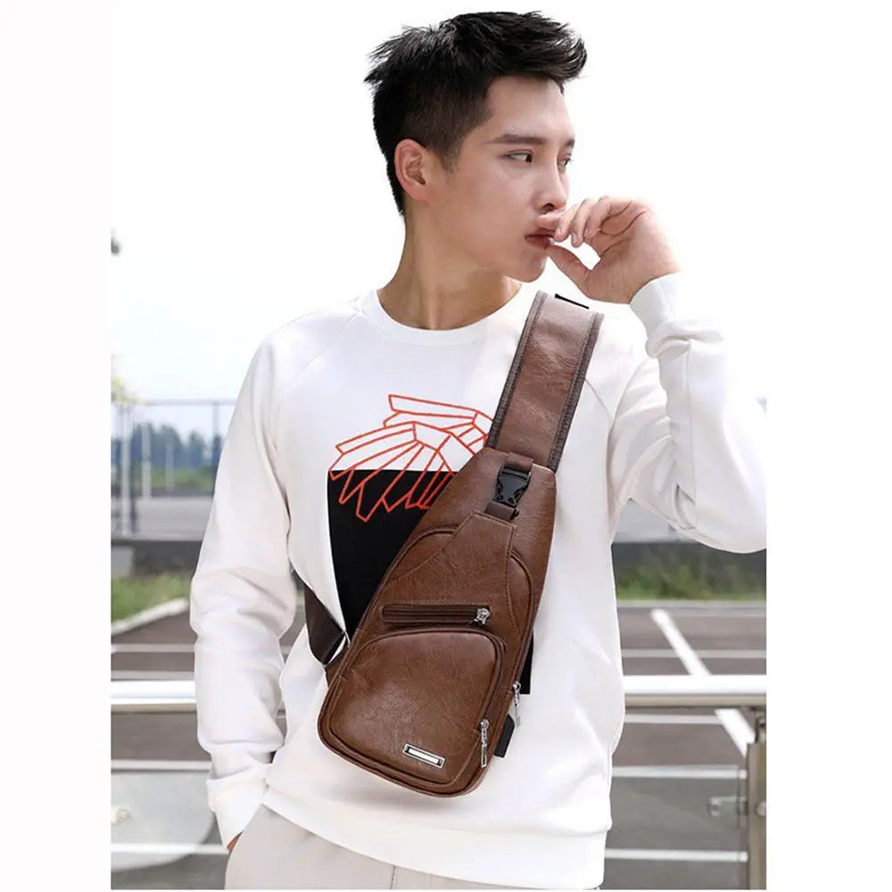 USB Data Cable Charging Chest Bag – Casual Fashion Shoulder Bag, PU Outdoor Sports Men’s Backpack