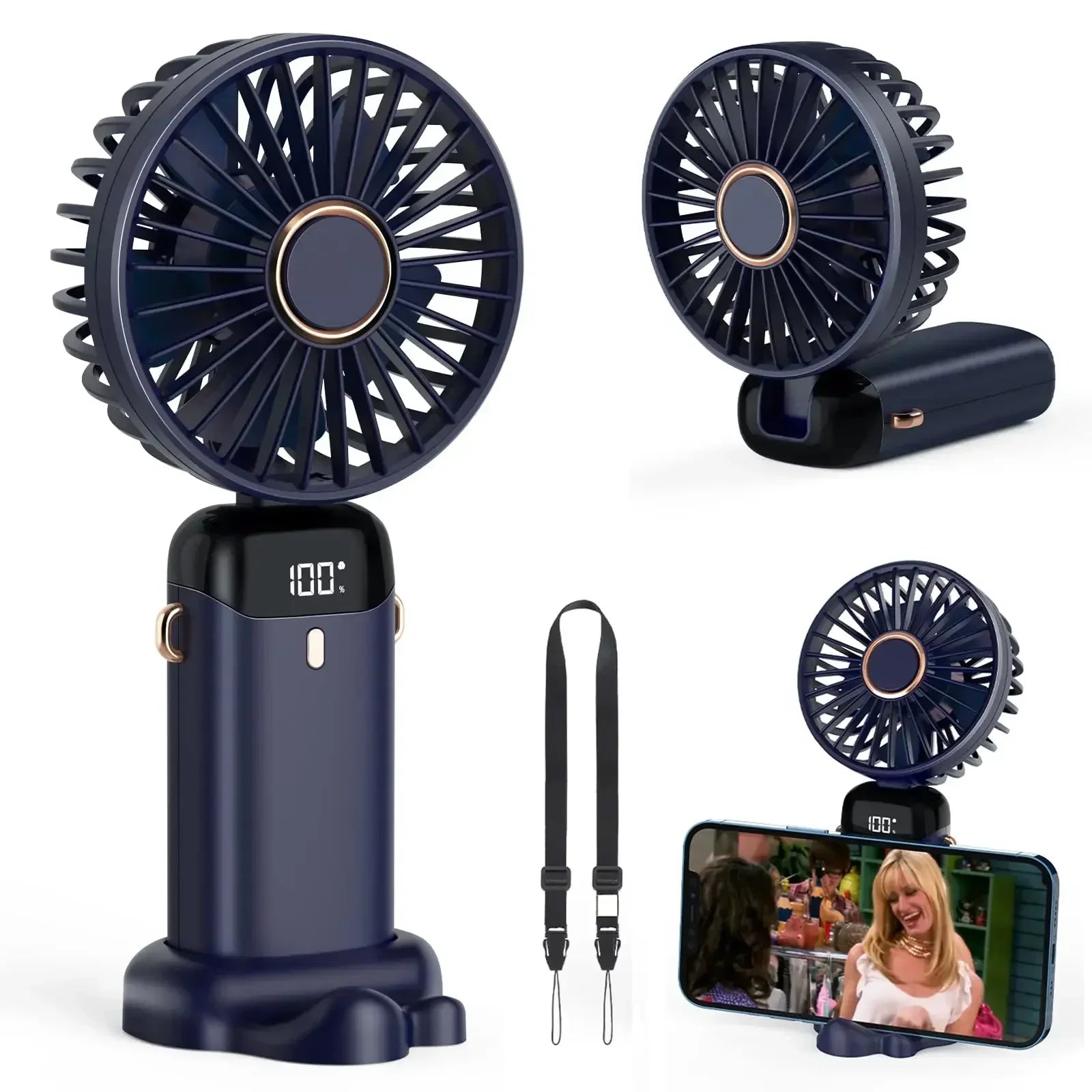5000mAh Portable Mini Fan – Wireless USB Rechargeable, 5-Speed Foldable Neck Hanging Fan with Digital Display & Phone Holder