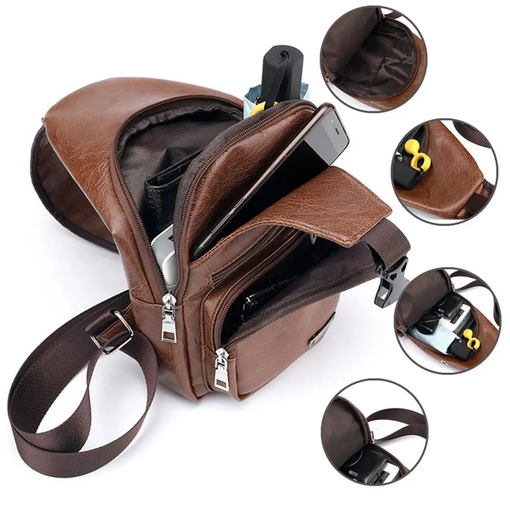 USB Data Cable Charging Chest Bag – Casual Fashion Shoulder Bag, PU Outdoor Sports Men’s Backpack