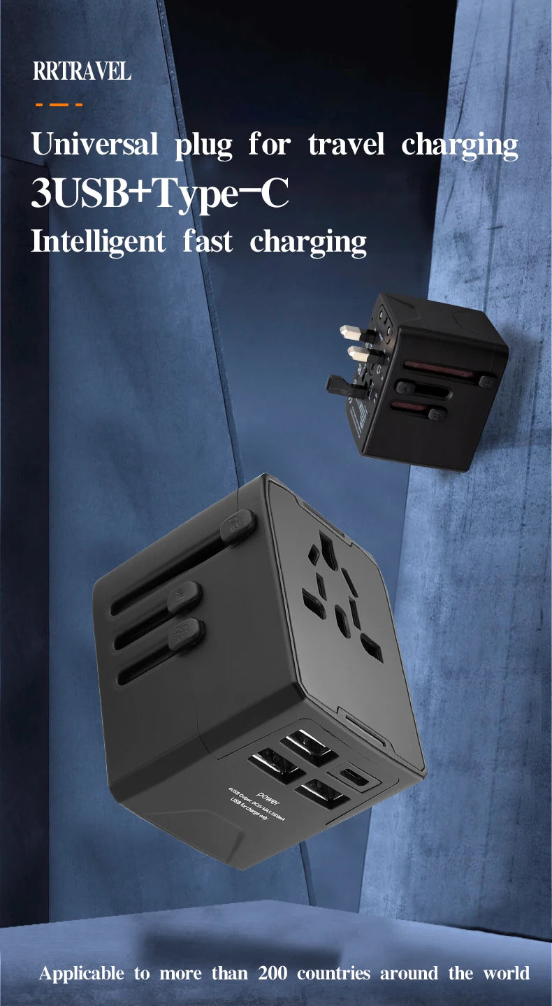65W Universal Travel Adapter – All-in-One Charger with 3 USB & 1 Type-C for US, EU, UK, & AU