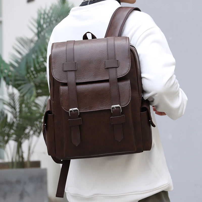2025 Men’s PU Leather Backpack – Large Laptop Bag, Mochilas for Teenagers Boys, Black & Brown Schoolbag