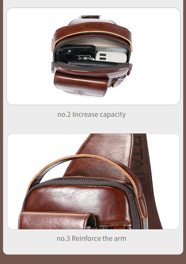 BULLCAPTAIN Men's Genuine Leather Chest Bag – Retro Anti-Theft Crossbody Bag for 7.9" Devices